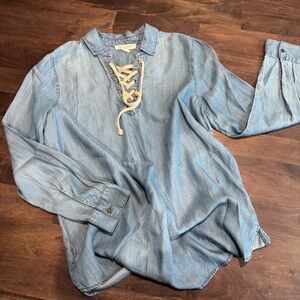 beachlunchlounge Lyocell Denim Look Lace-Up Casual‎ Shirt, Size Small/P